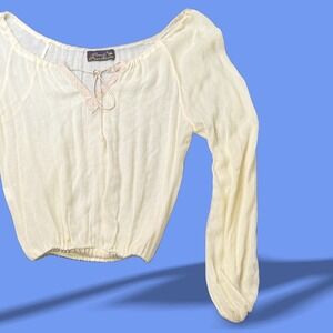 Donale Pour Scoop Cropped Peasant Blouse Lace Up Gauze Pale Yellow Made Morocco